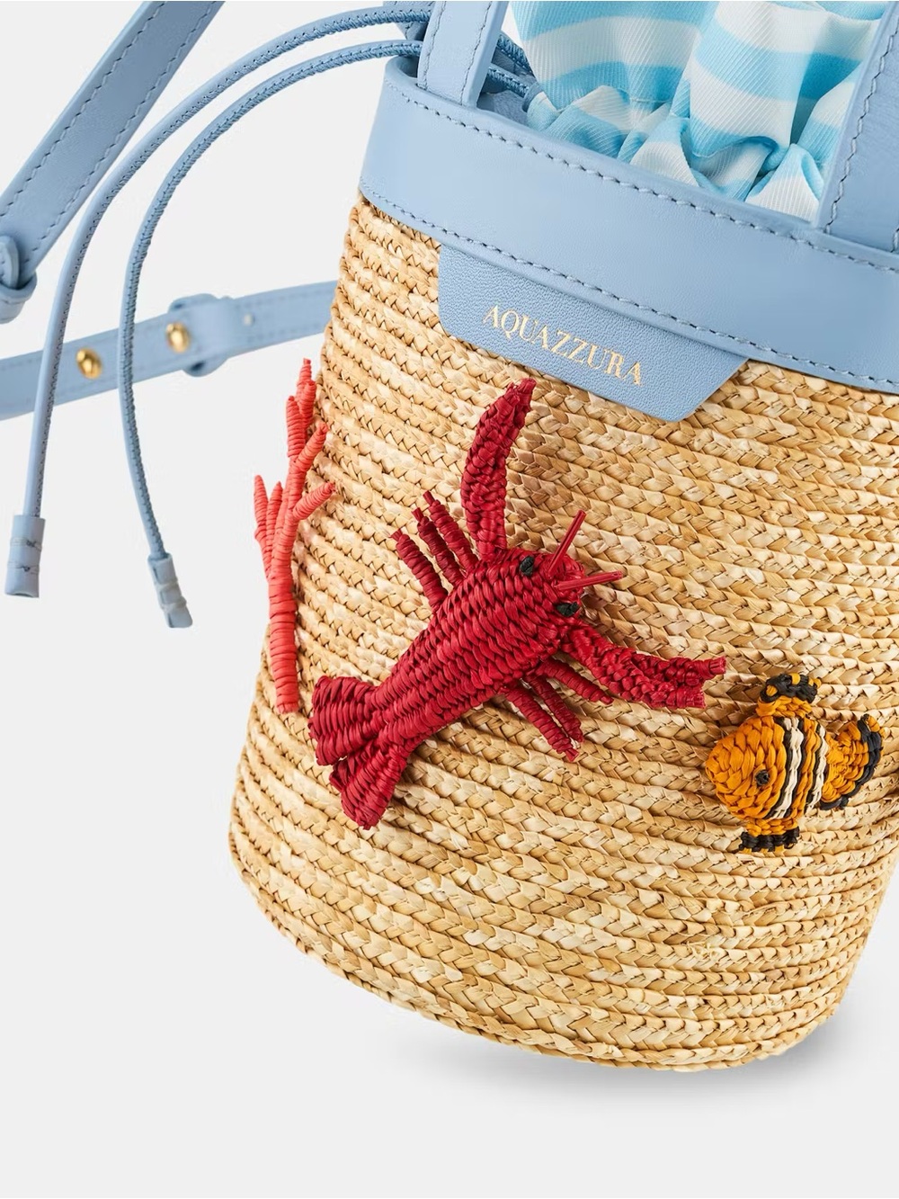 Aquazzura Pale Blue Trim Straw Bucket Bag with Multicolor Embroidery - Picture 2 of 4